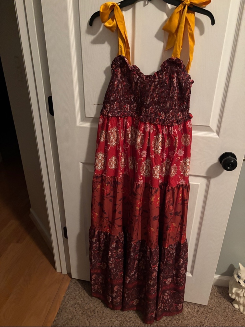 Source Unknown Red and Mustard Yellow Boho Tie-Strap Maxi Dress